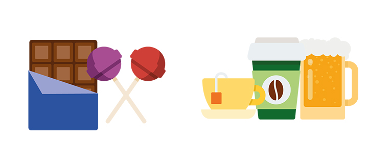 A chocolate bar, a lollipop, a warm drink and a glass of alcohol