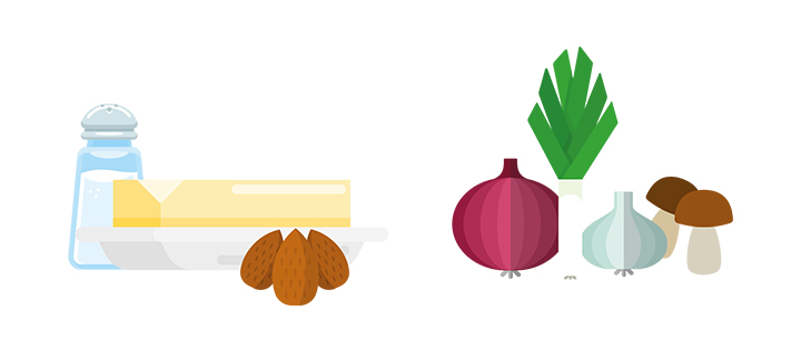 Butter, salt and almonds next to an onnion, a leak and mushrooms